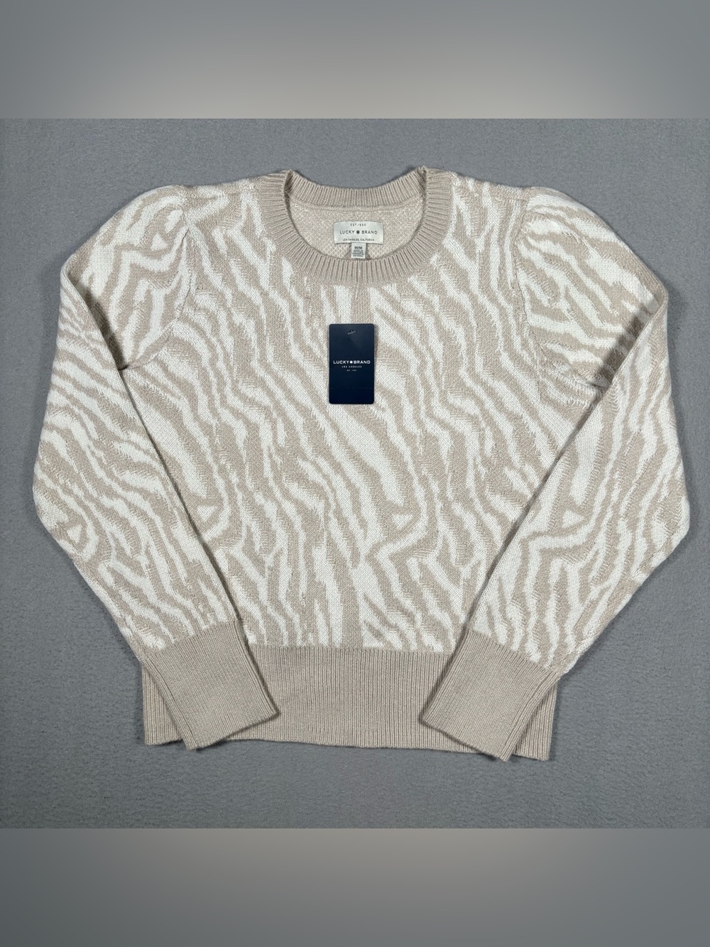 New Lucky Brand Pullover Sweater Women’s Medium Cream Zebra Print Boho Knit